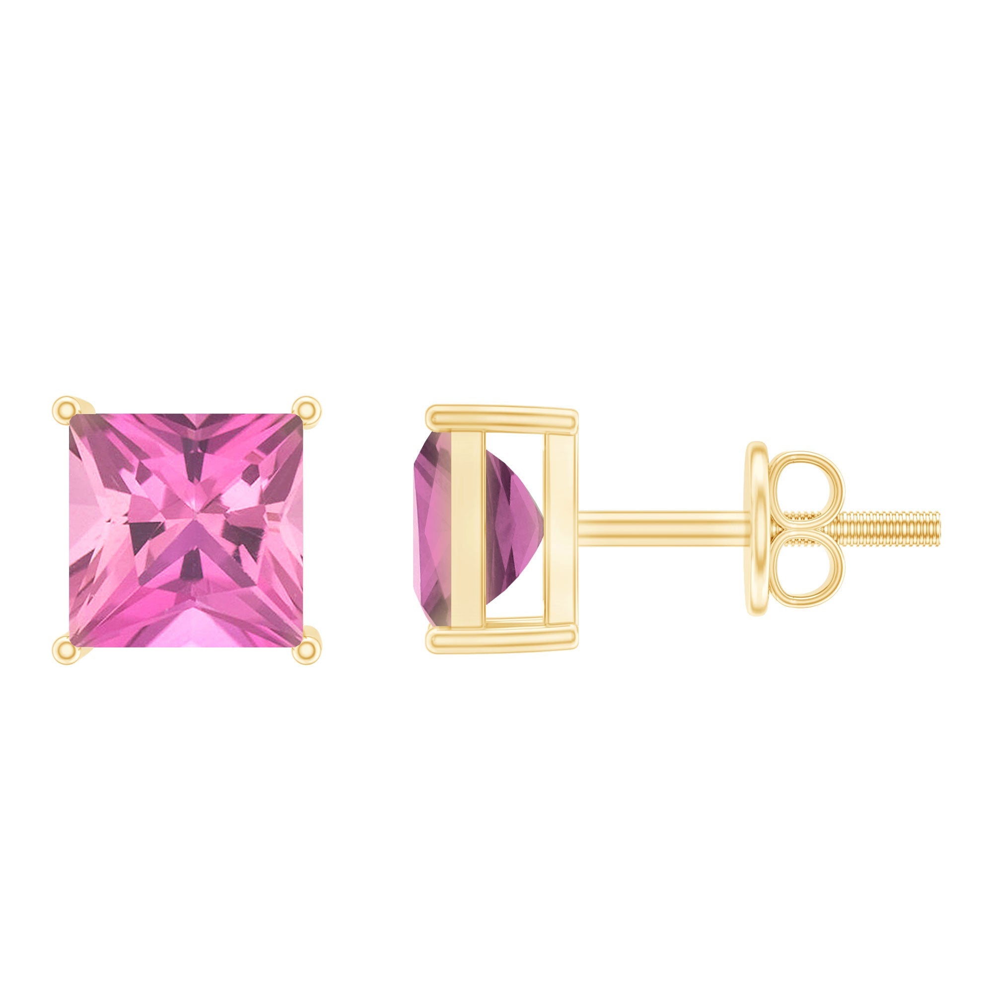 Pink Tourmaline Earrings – 2 Carat Studs with Princess Cut & Screw Back Closure