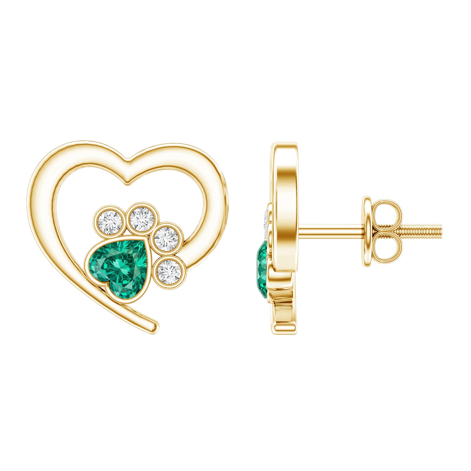 Heart Paw Stud Earrings – Lab Created Emerald & Moissanite Dog Paw Jewelry