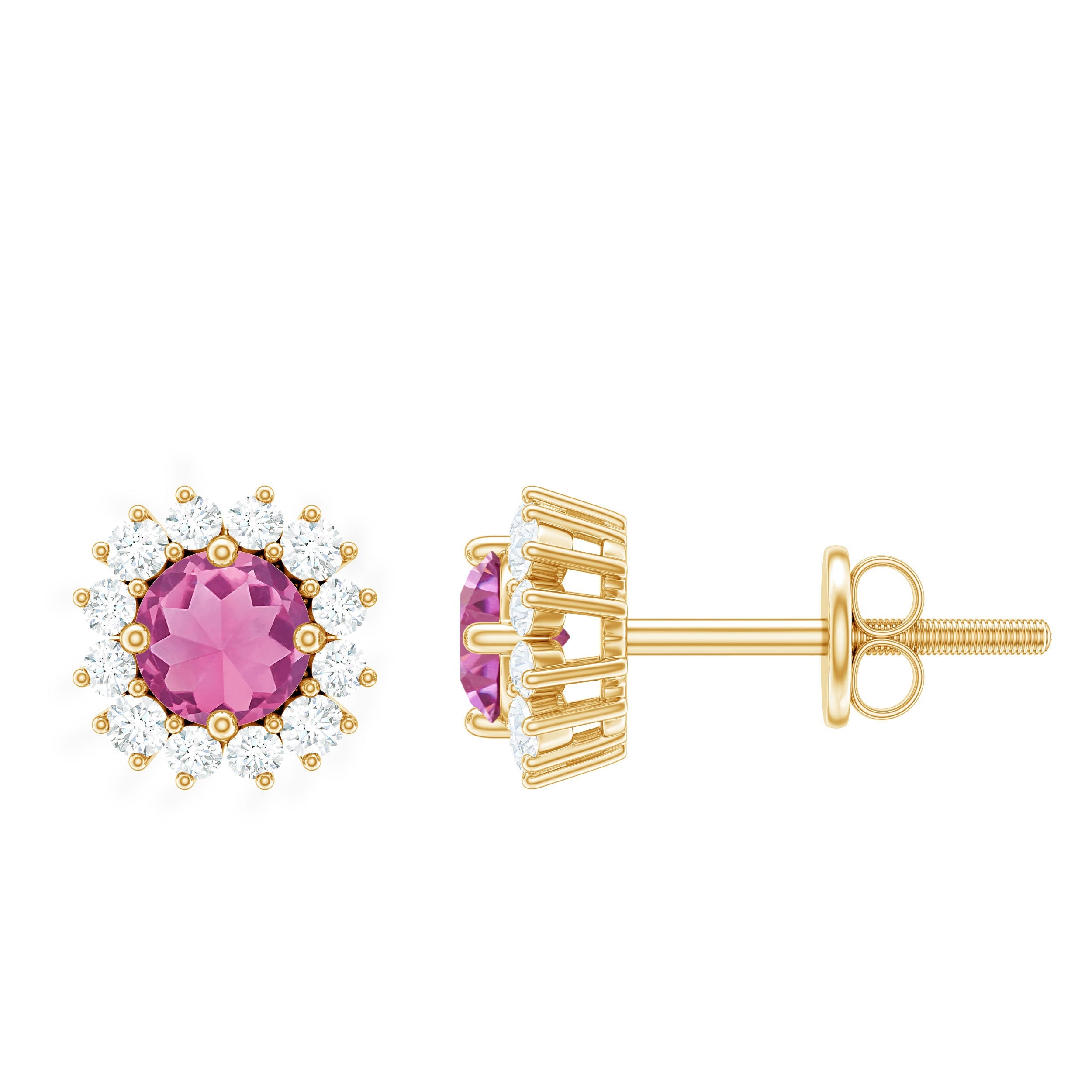 Natural pink tourmaline stud earrings with diamond halo in yellow gold
