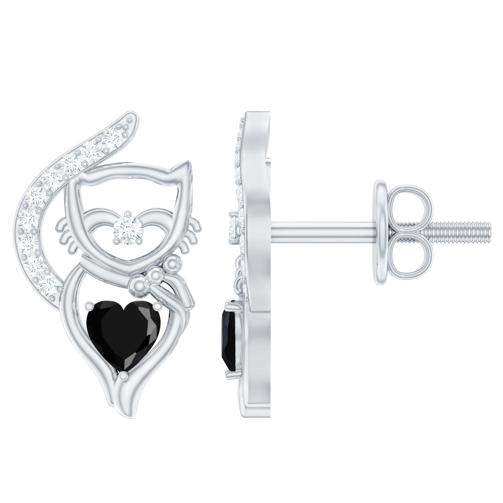 Heart Shape Black Onyx and Diamond Cat Stud Earrings