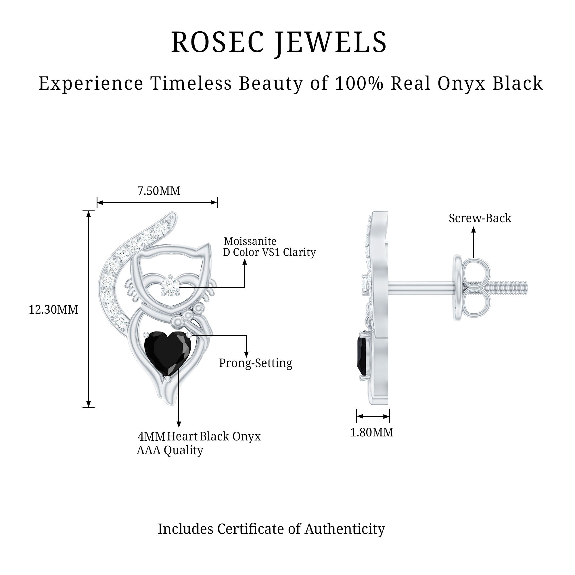 Heart Shape Black Onyx and Diamond Cat Stud Earrings
