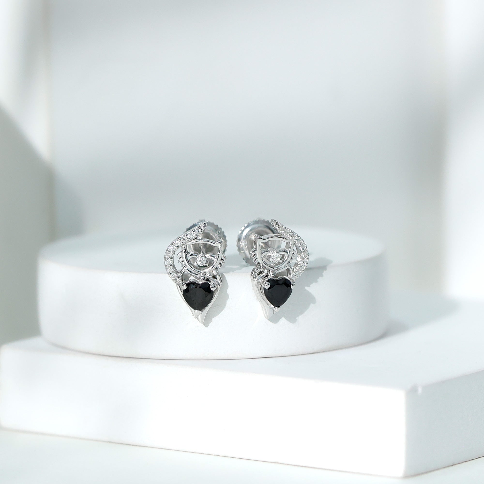 Heart Shape Black Onyx and Diamond Cat Stud Earrings