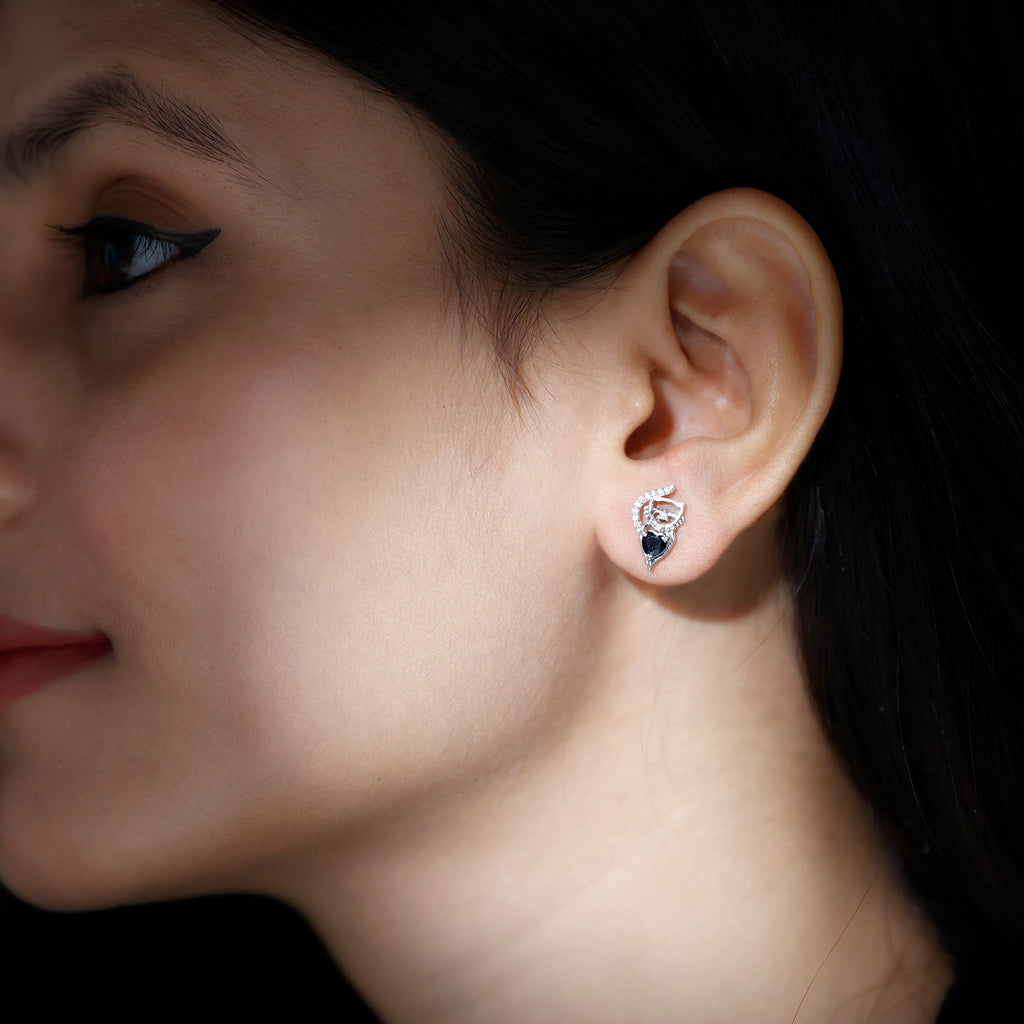 Heart Shape Black Onyx and Diamond Cat Stud Earrings