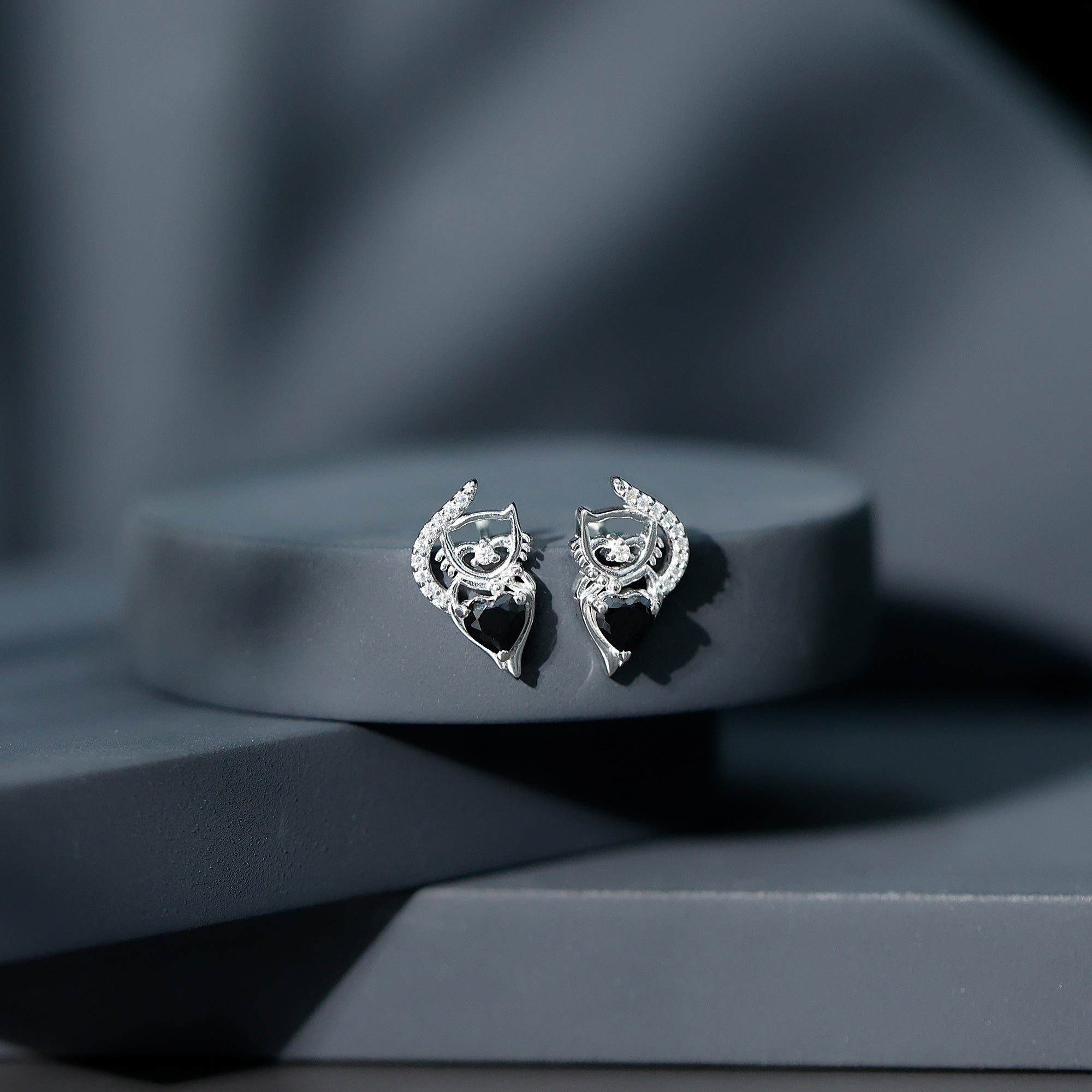 Heart Shape Black Onyx and Diamond Cat Stud Earrings
