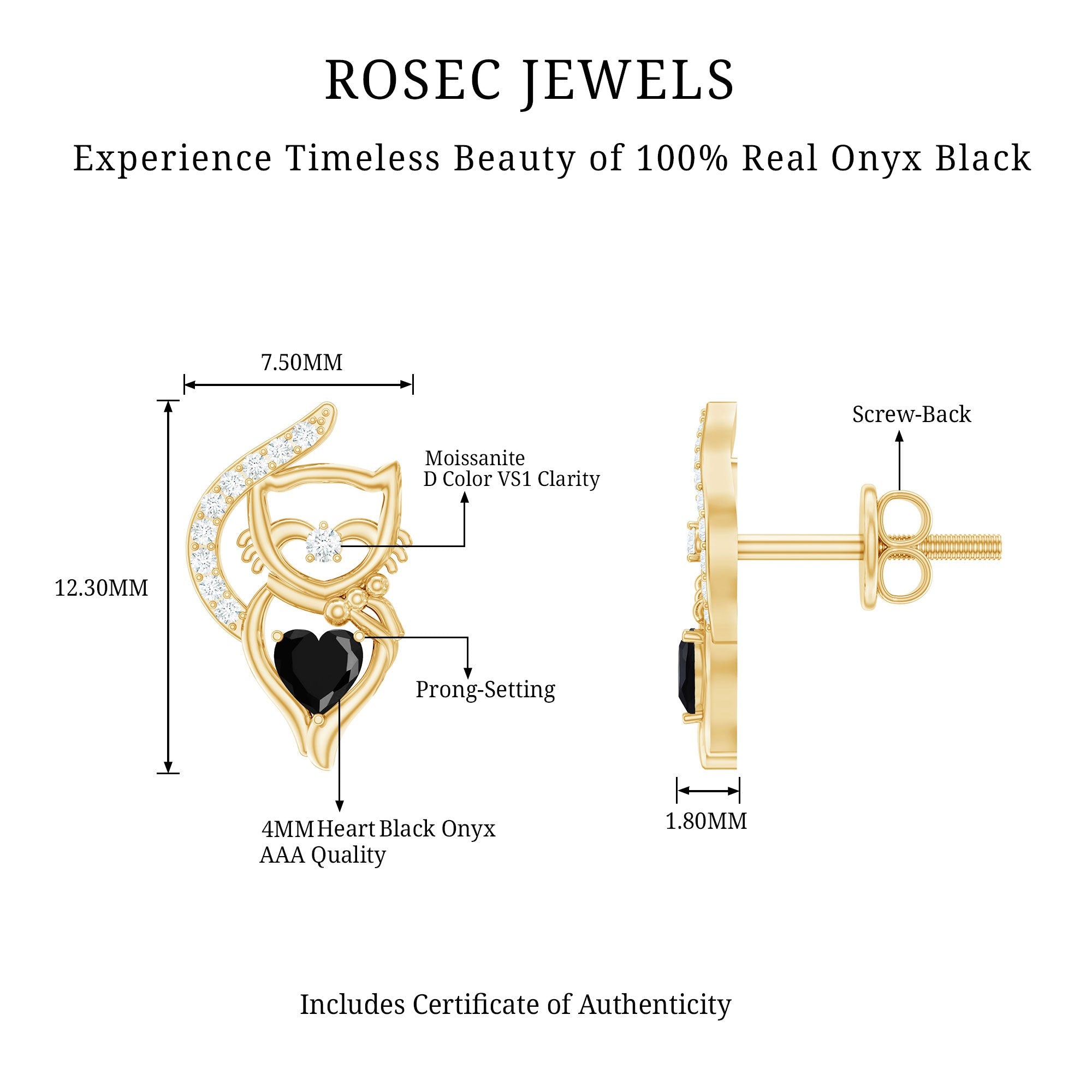 Heart Shape Black Onyx and Diamond Cat Stud Earrings