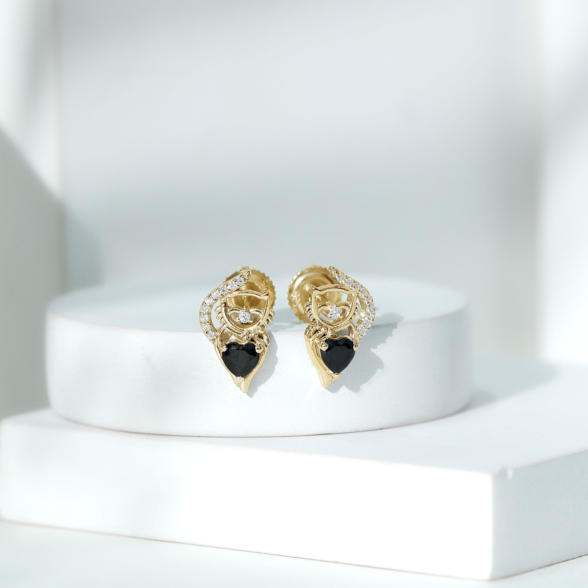 Heart Shape Black Onyx and Diamond Cat Stud Earrings