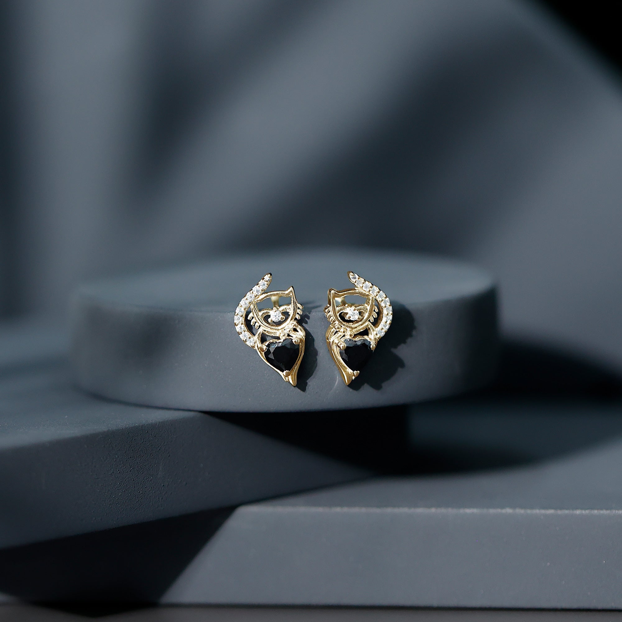 Heart Shape Black Onyx and Diamond Cat Stud Earrings