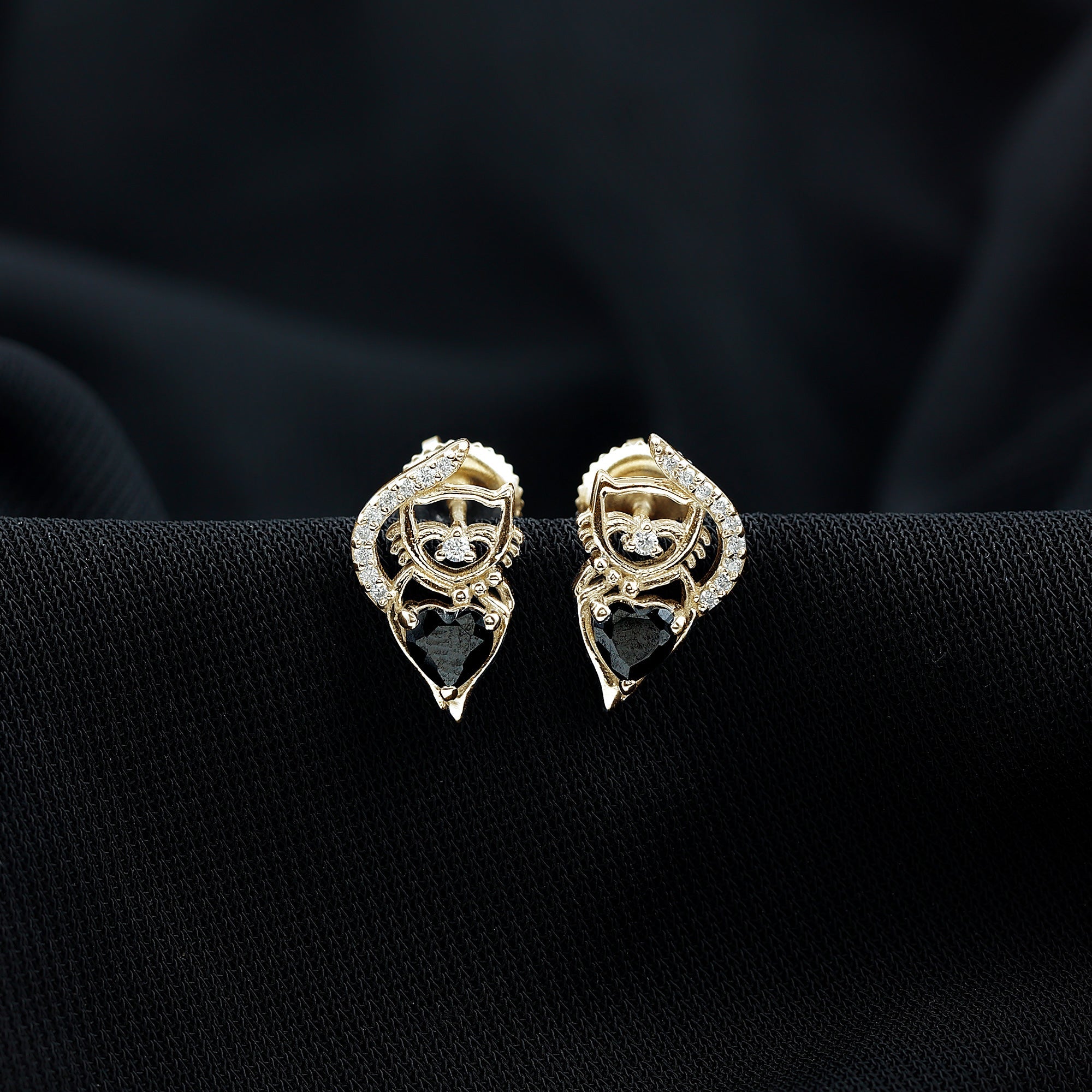 Heart Shape Black Onyx and Diamond Cat Stud Earrings