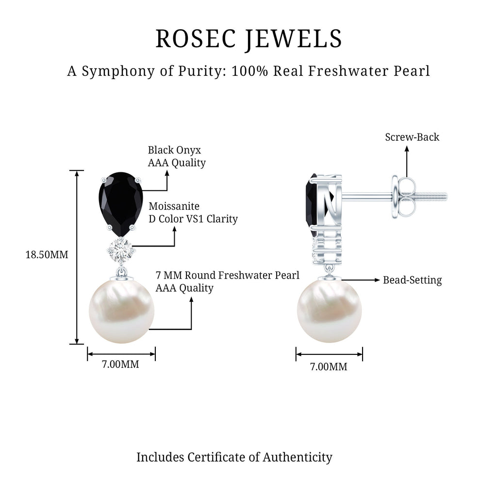 Natural Elegant Pearl Dangle Earrings with Black Onyx