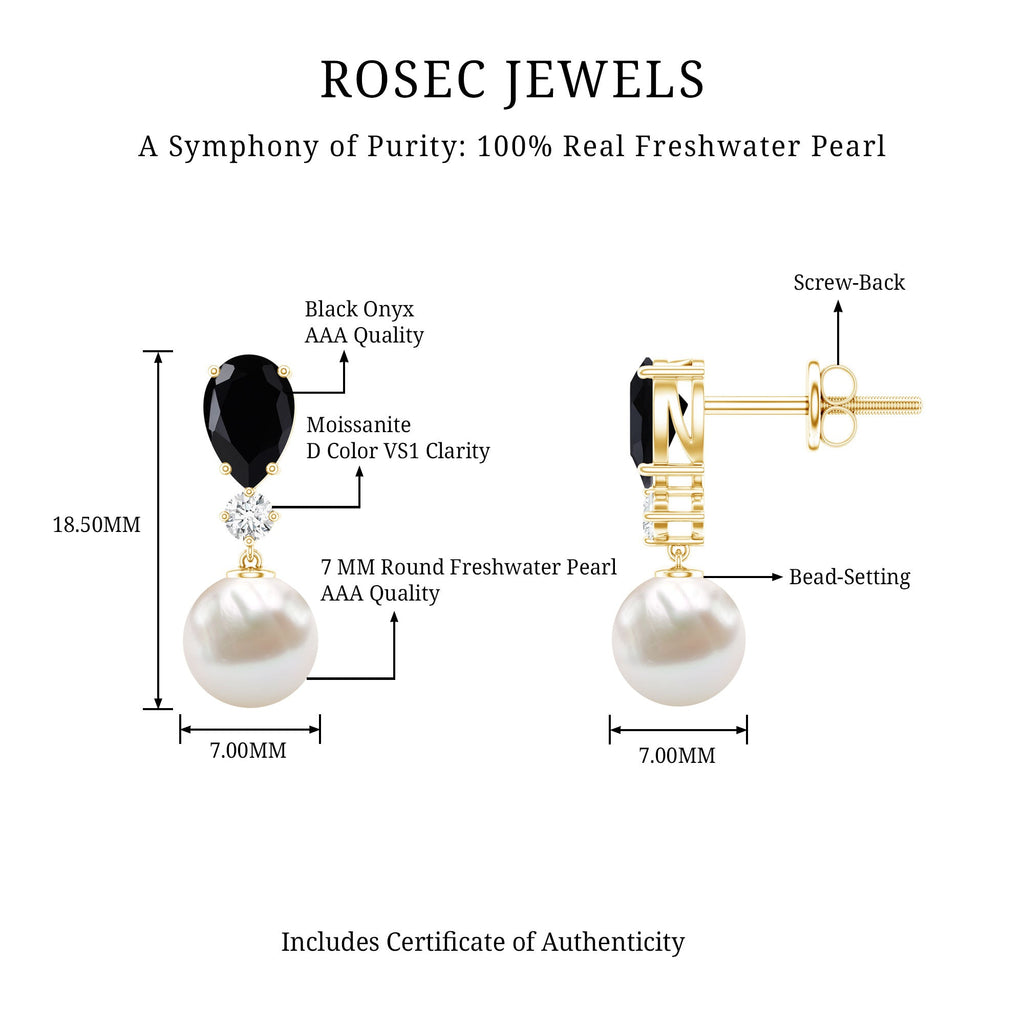 6 Carat Freshwater Pearl Drop Earrings with Black Onyx