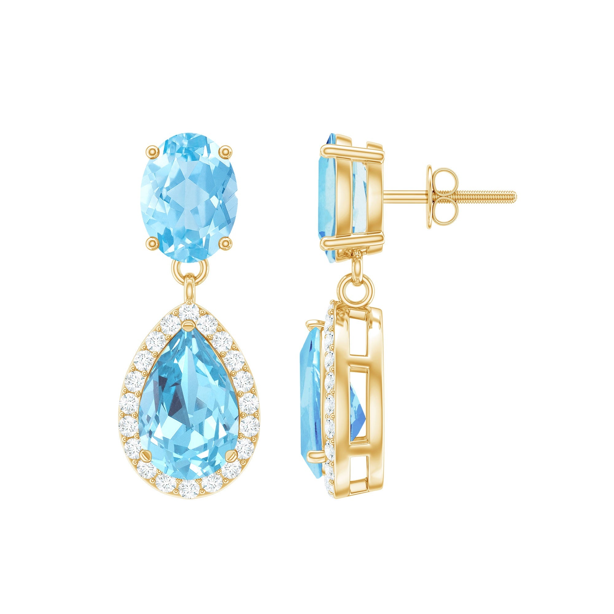 Aquamarine Drop Earrings – Oval Cut & Pear Shape Blue Gemstone with Halo Diamond