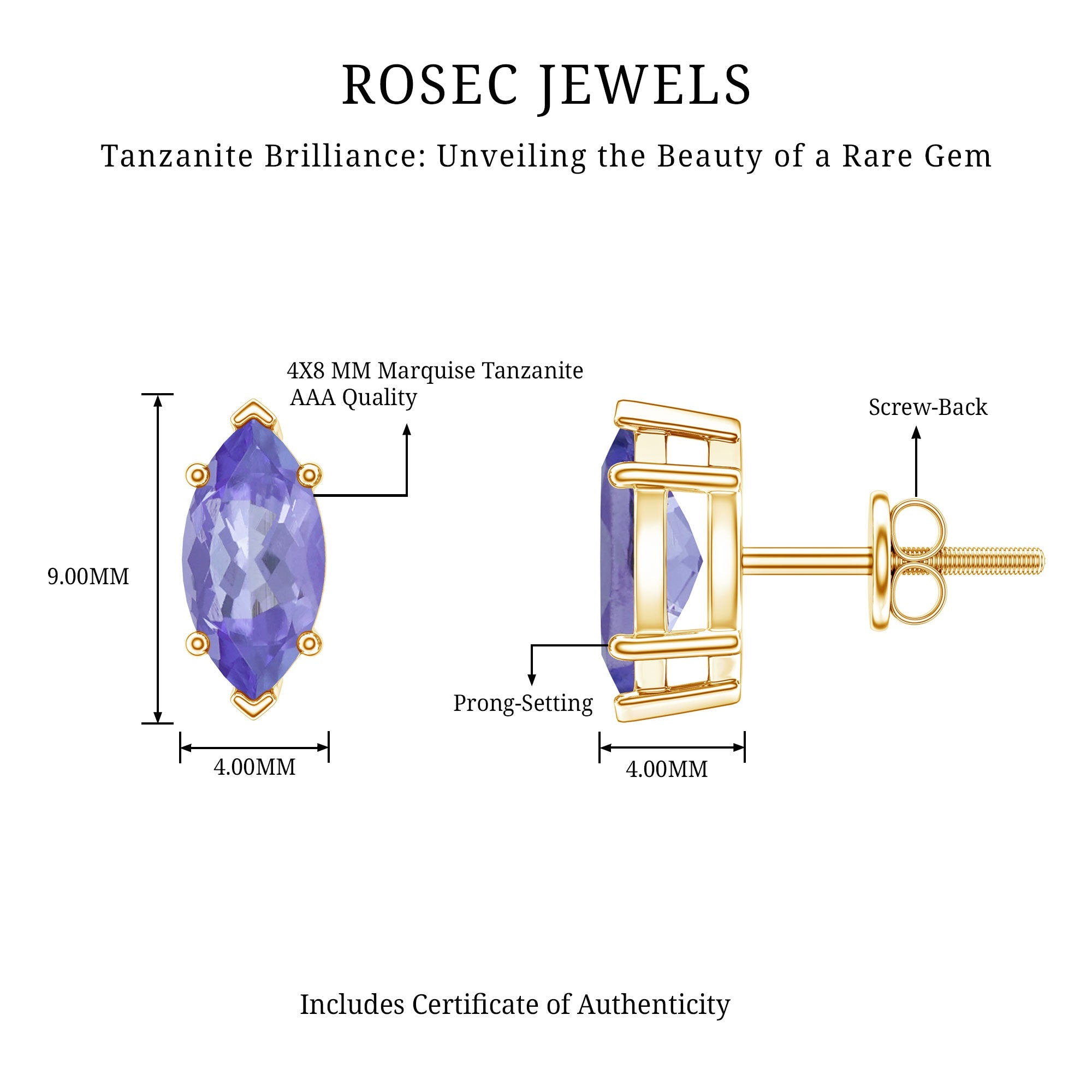 1.3 Carat Marquise Cut Tanzanite Solitaire Stud Earrings