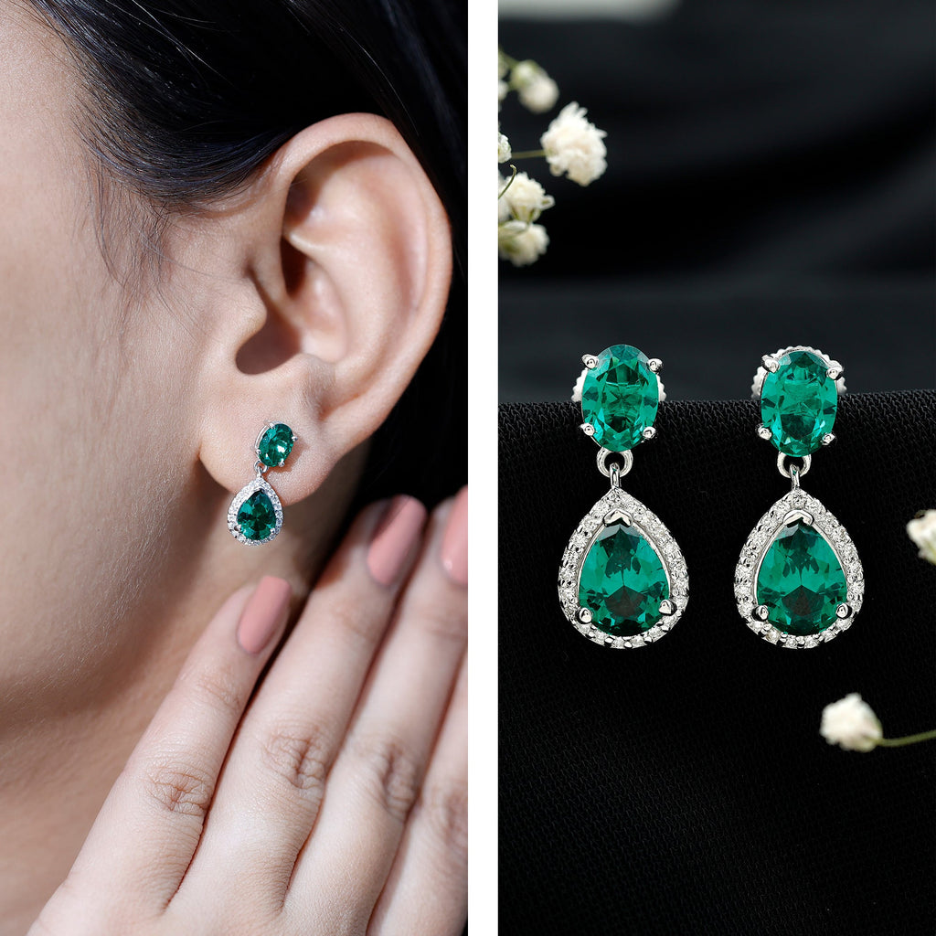 Lab Created Emerald Earrings – Elegant Bridal Drop Earrings with Diamond Accents