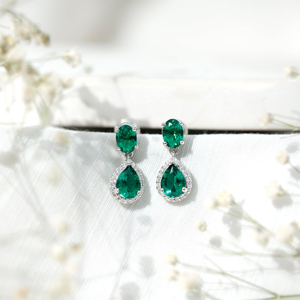 Lab Created Emerald Earrings – Elegant Bridal Drop Earrings with Diamond Accents