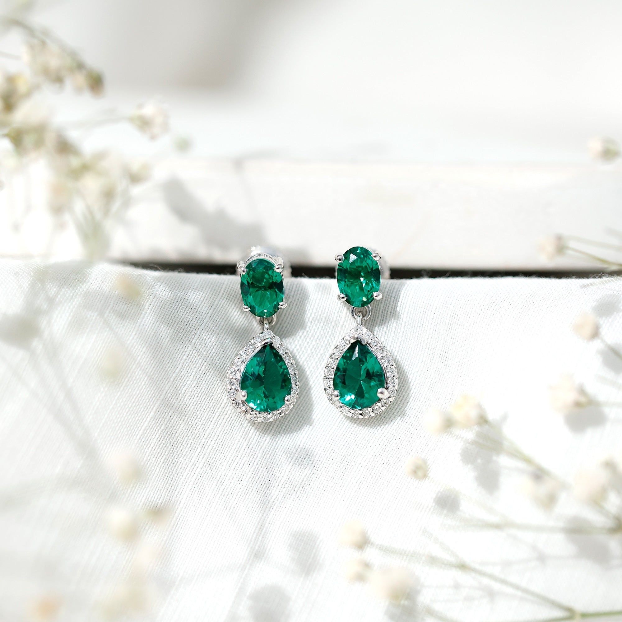 Lab Created Emerald Earrings – Elegant Bridal Drop Earrings with Diamond Accents