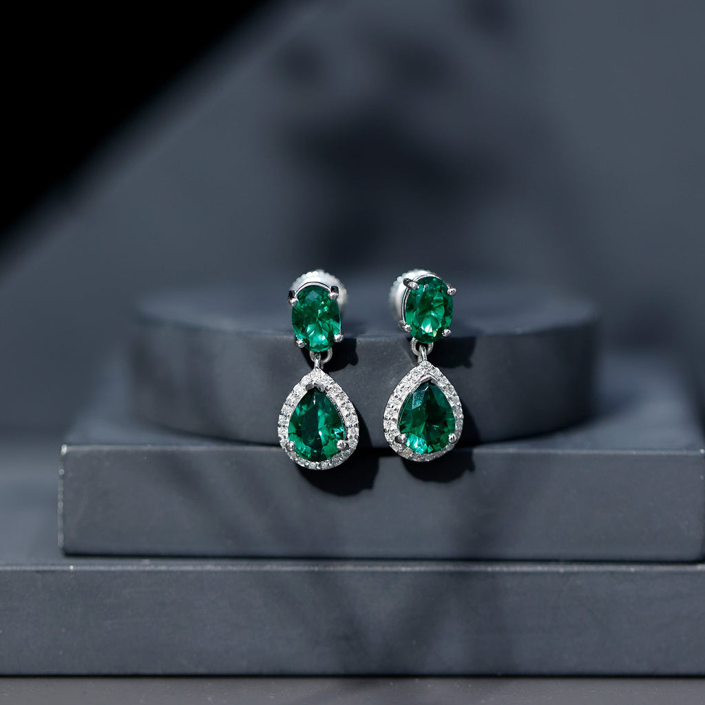Lab Created Emerald Earrings – Elegant Bridal Drop Earrings with Diamond Accents