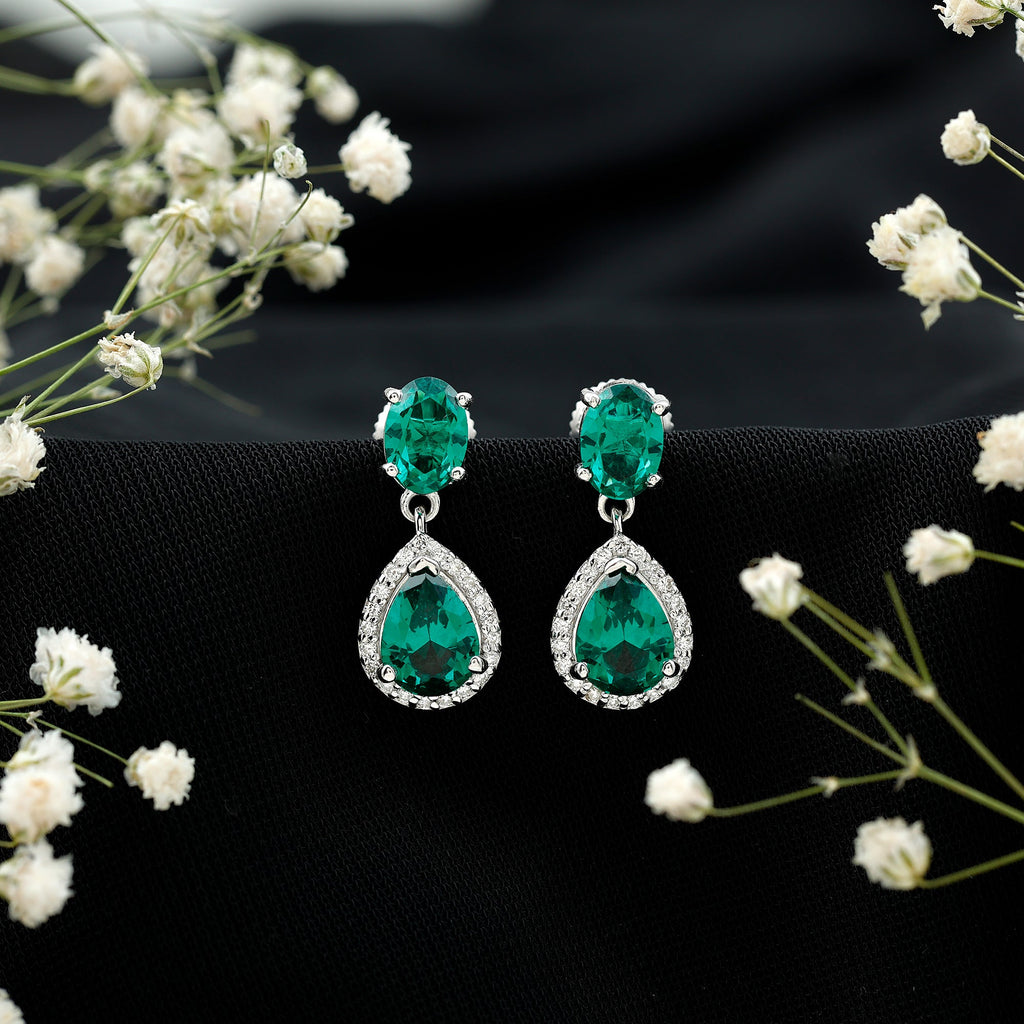 Lab Created Emerald Earrings – Elegant Bridal Drop Earrings with Diamond Accents