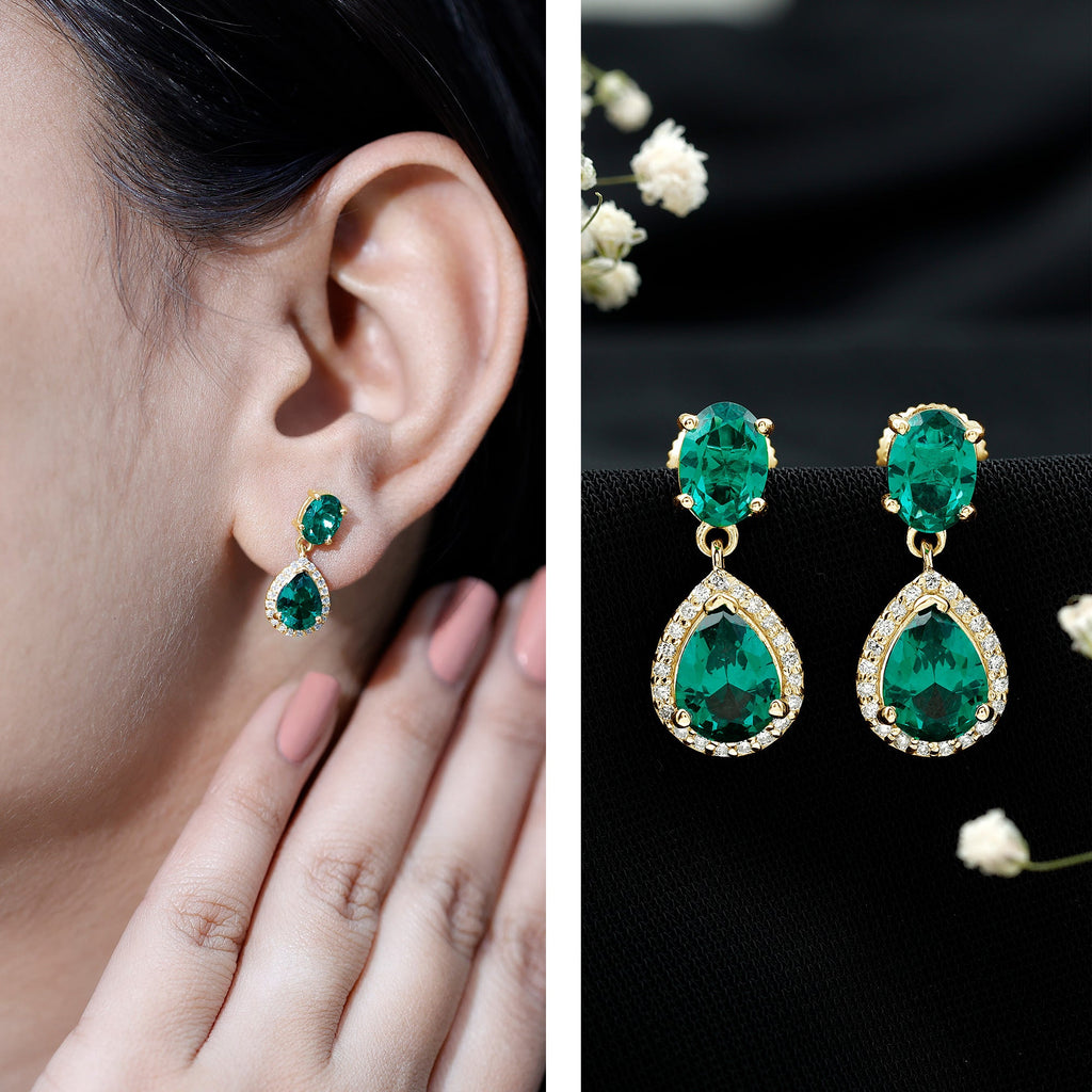 Lab Created Emerald Earrings – Elegant Bridal Drop Earrings with Diamond Accents