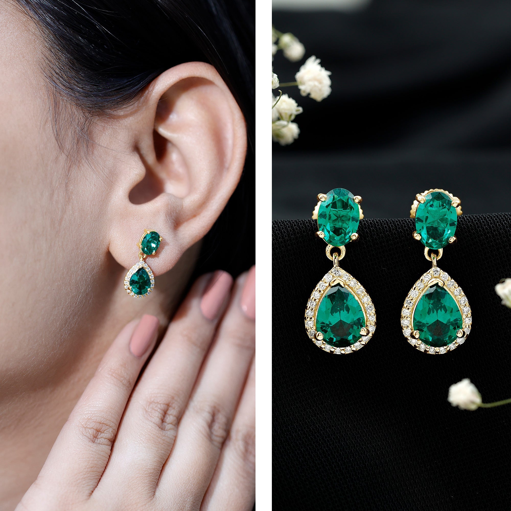 Lab Created Emerald Earrings – Elegant Bridal Drop Earrings with Diamond Accents