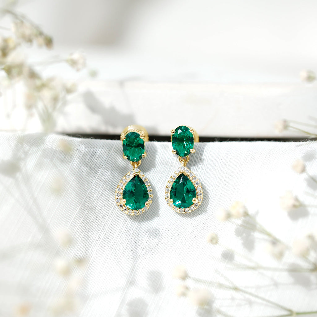Lab Created Emerald Earrings – Elegant Bridal Drop Earrings with Diamond Accents