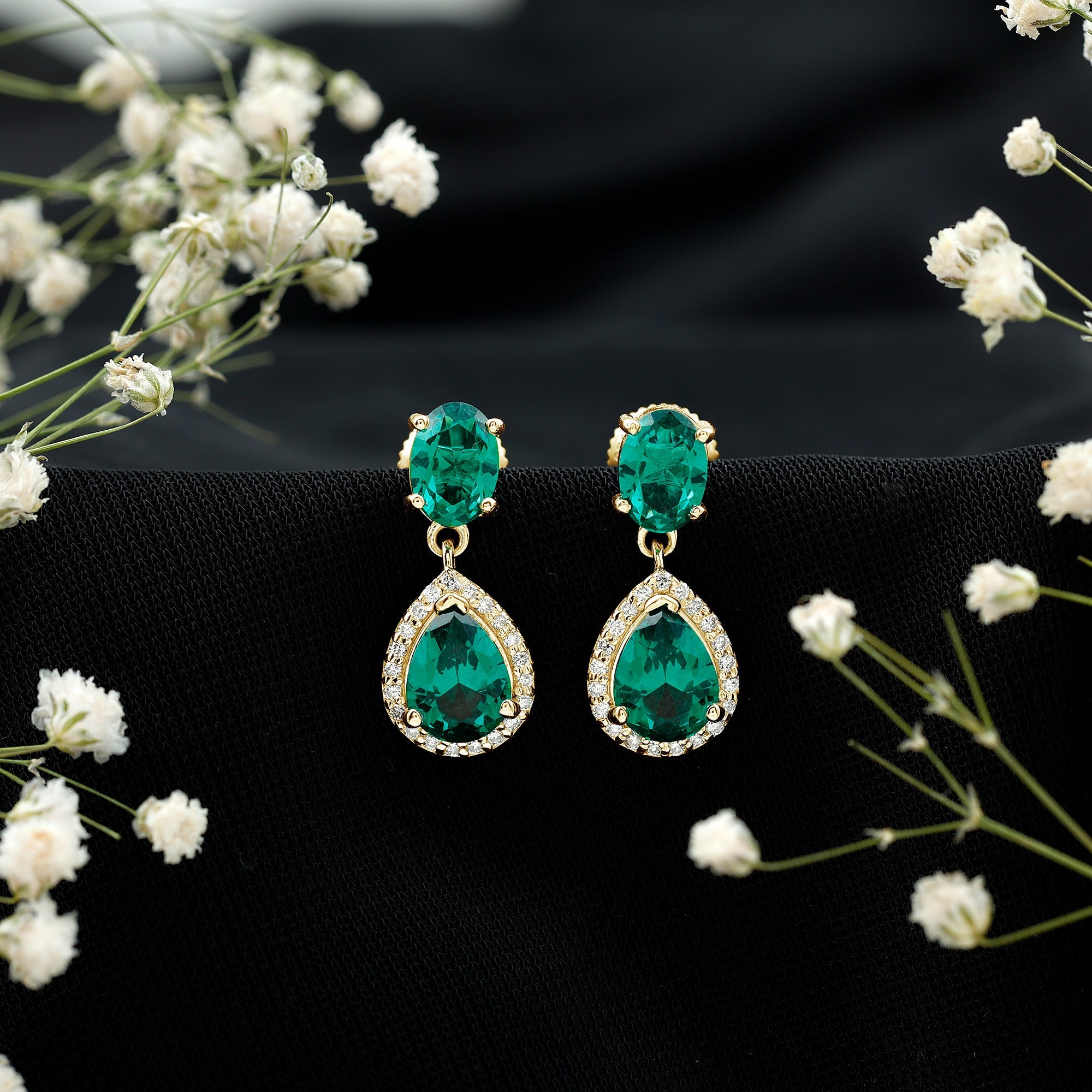 Lab Created Emerald Earrings – Elegant Bridal Drop Earrings with Diamond Accents