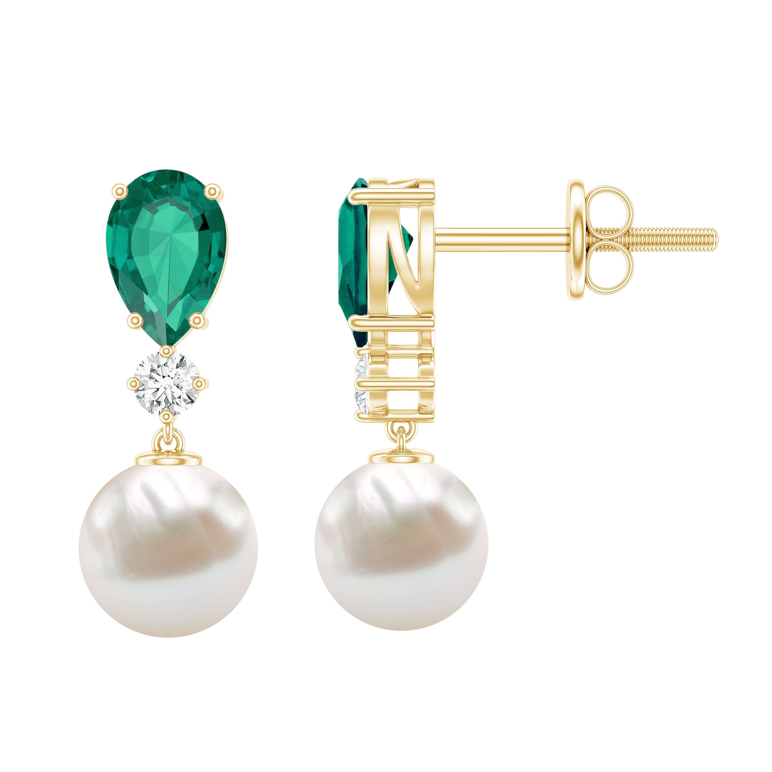 Freshwater Pearl Earrings - Emerald Dangle With Moissanite Accent Stones