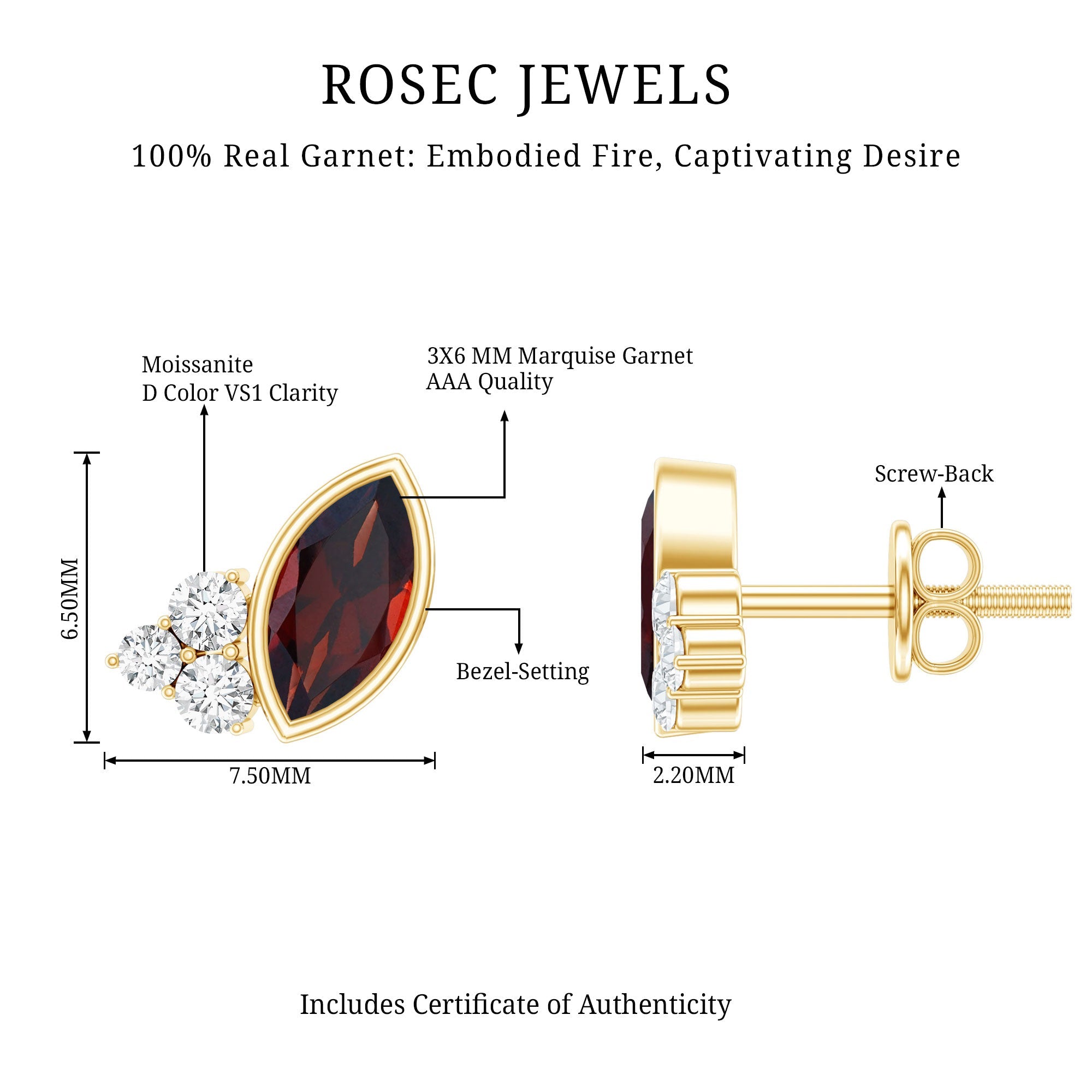 Marquise Garnet Earrings – 14k Gold Plated Studs | Elegant Gemstone Bezel Setting