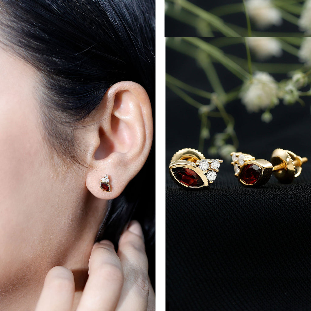 Marquise Garnet Earrings – 14k Gold Plated Studs | Elegant Gemstone Bezel Setting
