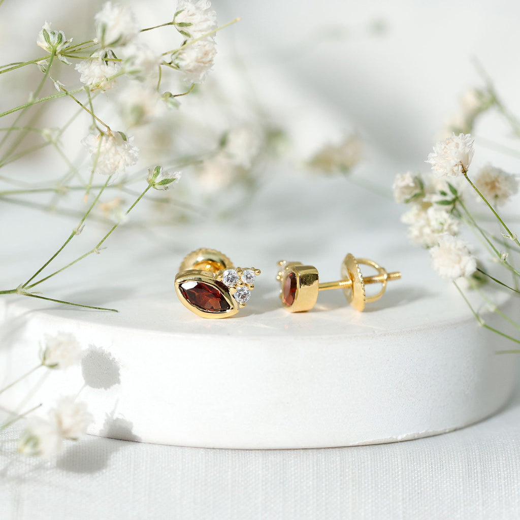 Marquise Garnet Earrings – 14k Gold Plated Studs | Elegant Gemstone Bezel Setting