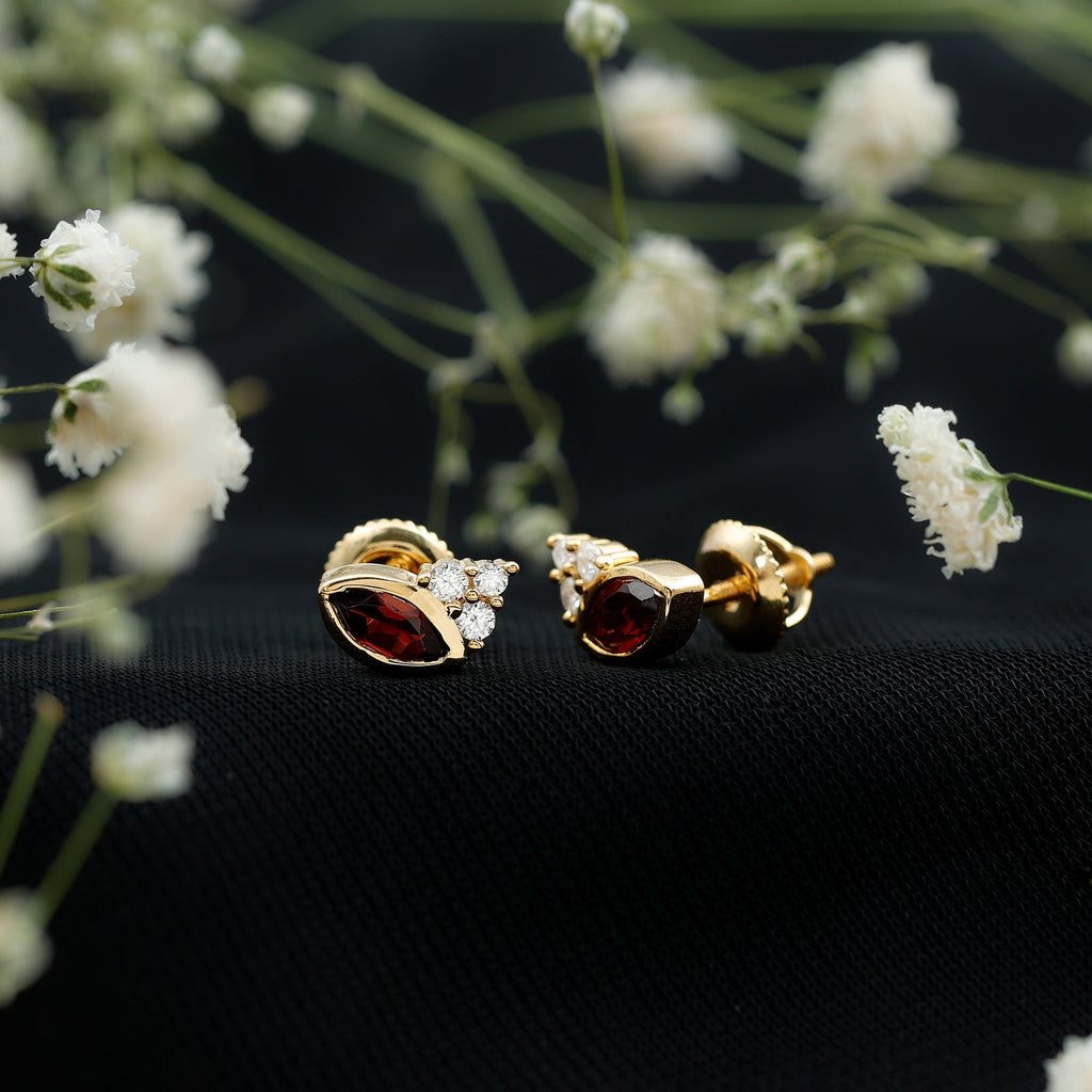 Marquise Garnet Earrings – 14k Gold Plated Studs | Elegant Gemstone Bezel Setting