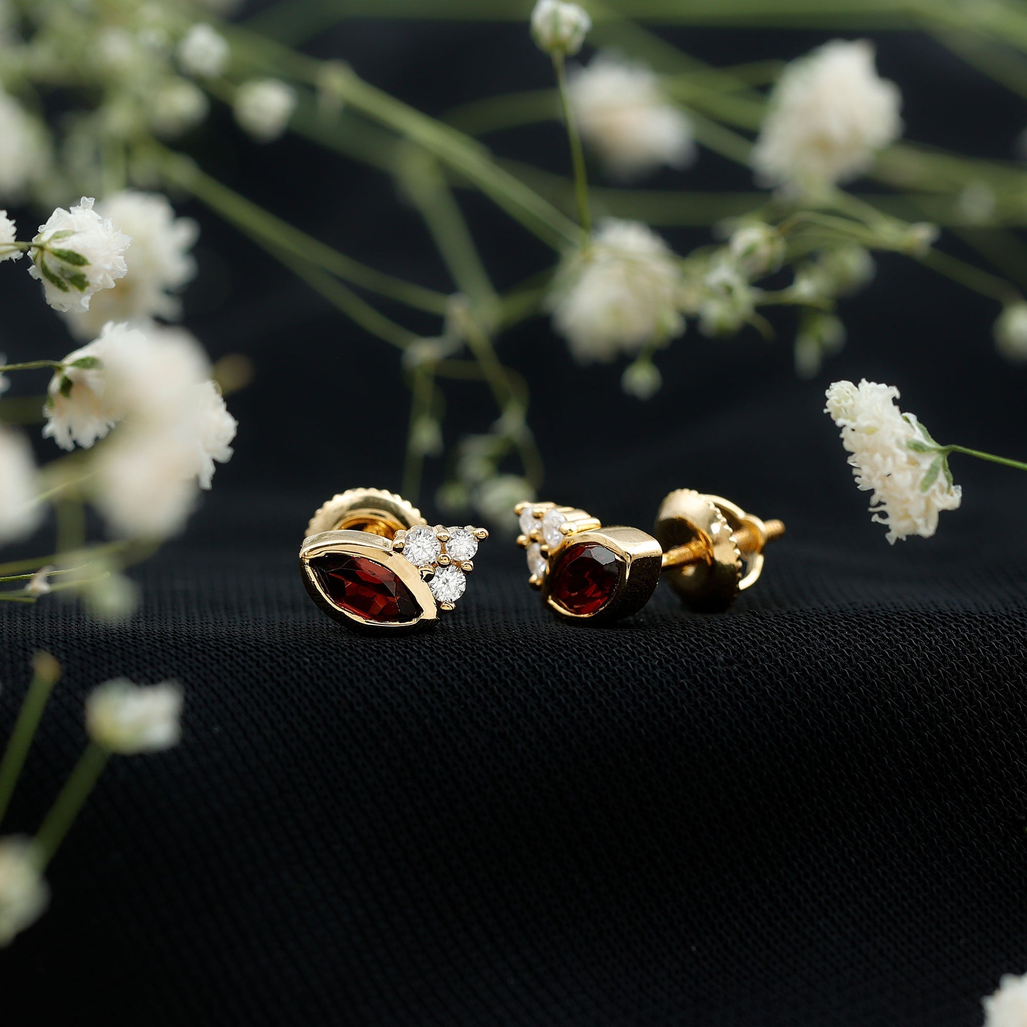 Marquise Garnet Earrings – 14k Gold Plated Studs | Elegant Gemstone Bezel Setting
