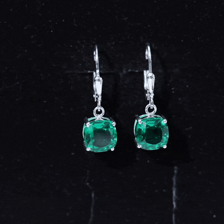 Lab Created Emerald Earrings – Cushion Cut Dangle Hoops With 4 Prong Setting