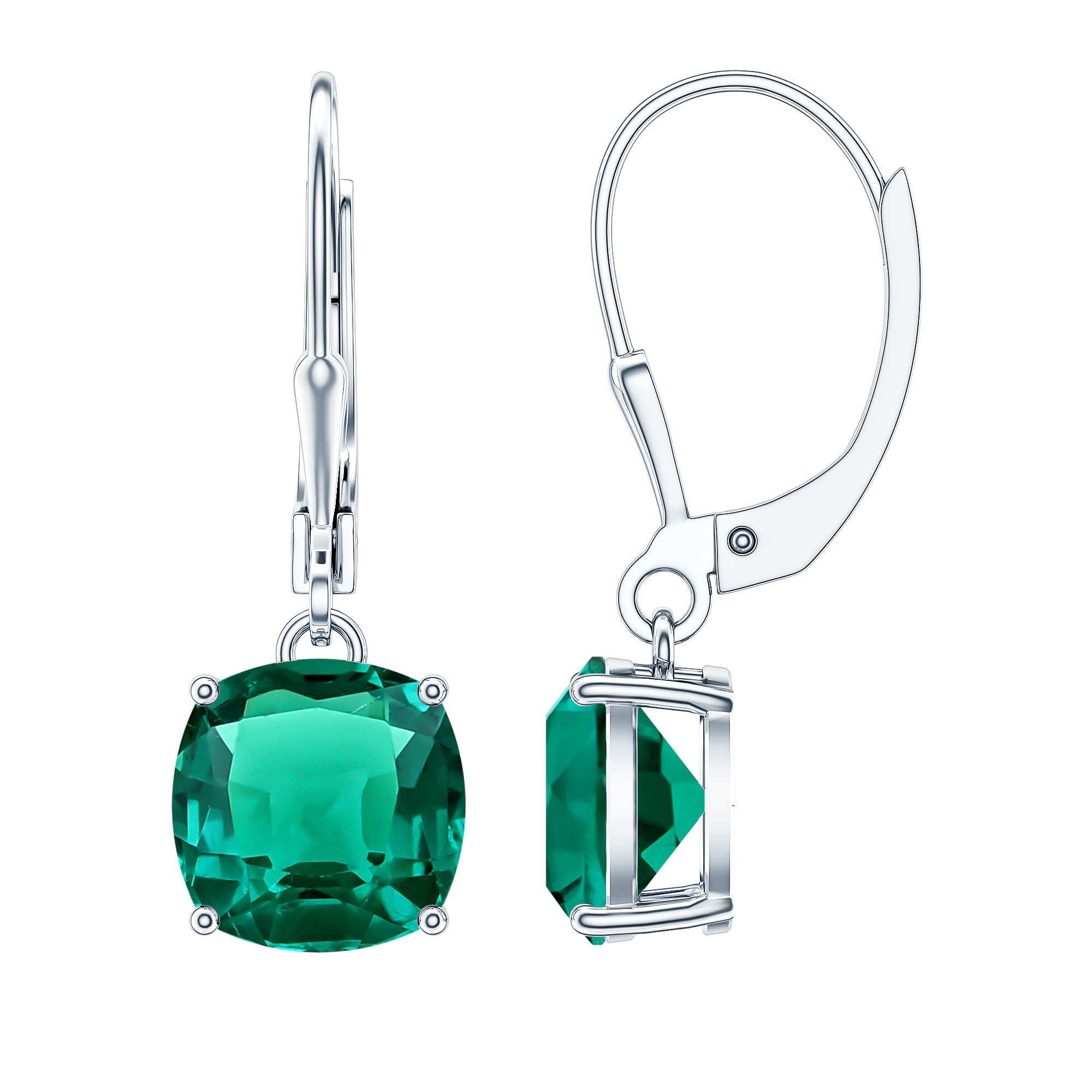 Lab Created Emerald Earrings – Cushion Cut Dangle Hoops With 4 Prong Setting