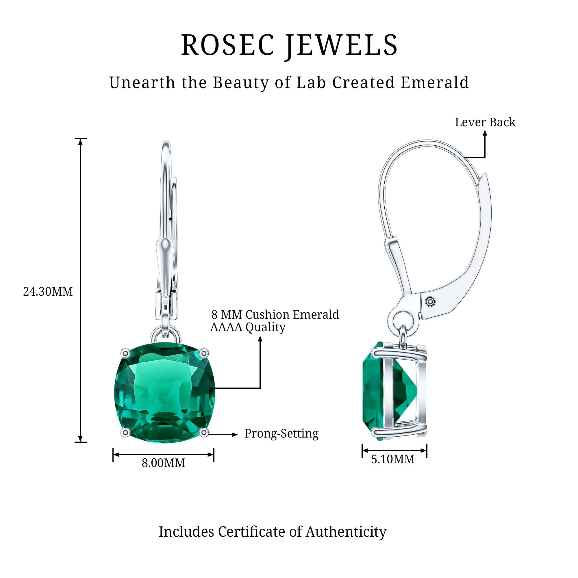 Lab Created Emerald Earrings – Cushion Cut Dangle Hoops With 4 Prong Setting