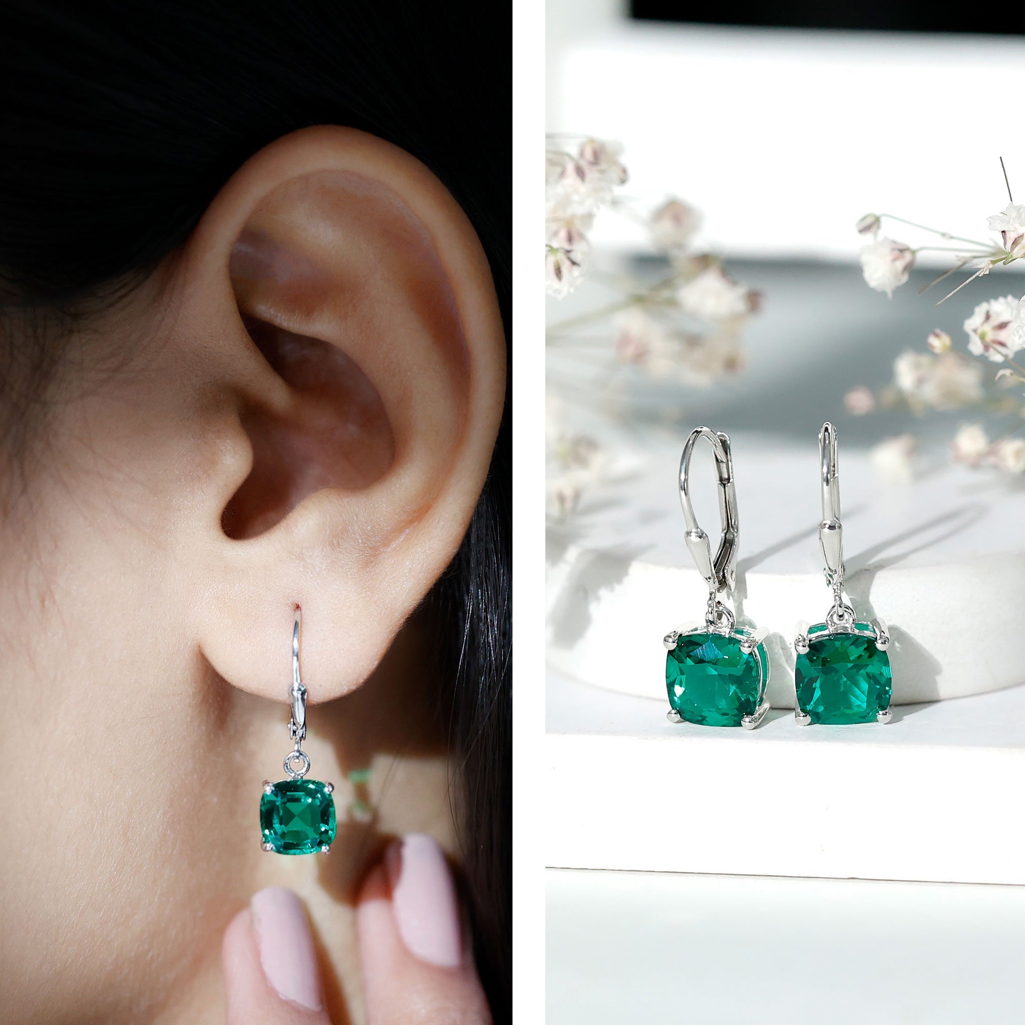 Lab Created Emerald Earrings – Cushion Cut Dangle Hoops With 4 Prong Setting