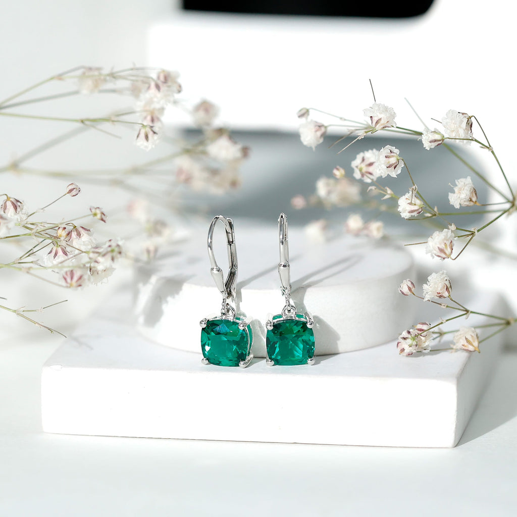 Lab Created Emerald Earrings – Cushion Cut Dangle Hoops With 4 Prong Setting