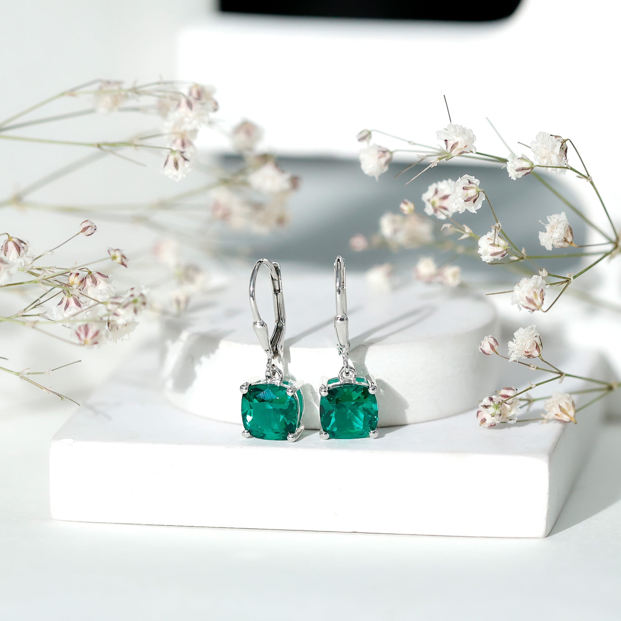 Lab Created Emerald Earrings – Cushion Cut Dangle Hoops With 4 Prong Setting