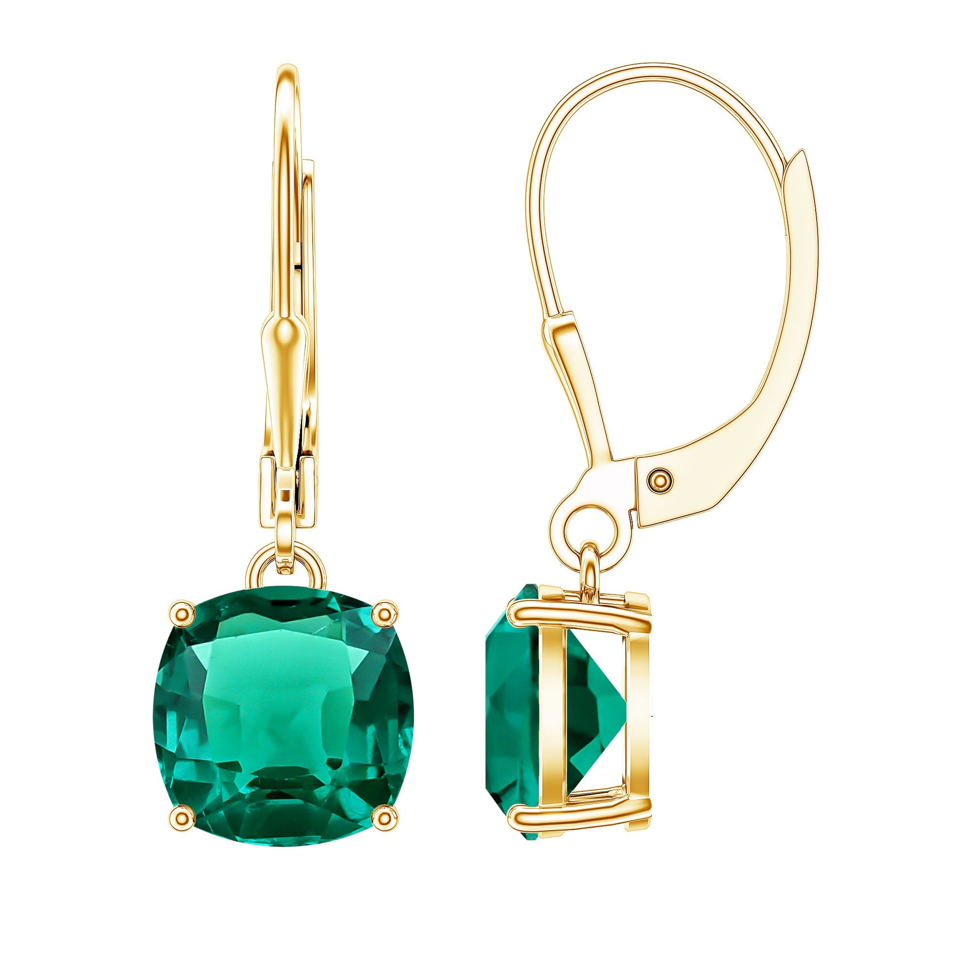 Lab Created Emerald Earrings – Cushion Cut Dangle Hoops With 4 Prong Setting