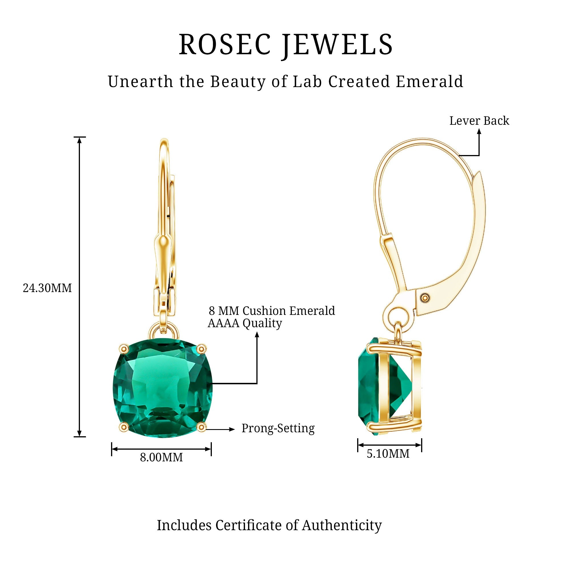 Lab Created Emerald Earrings – Cushion Cut Dangle Hoops With 4 Prong Setting