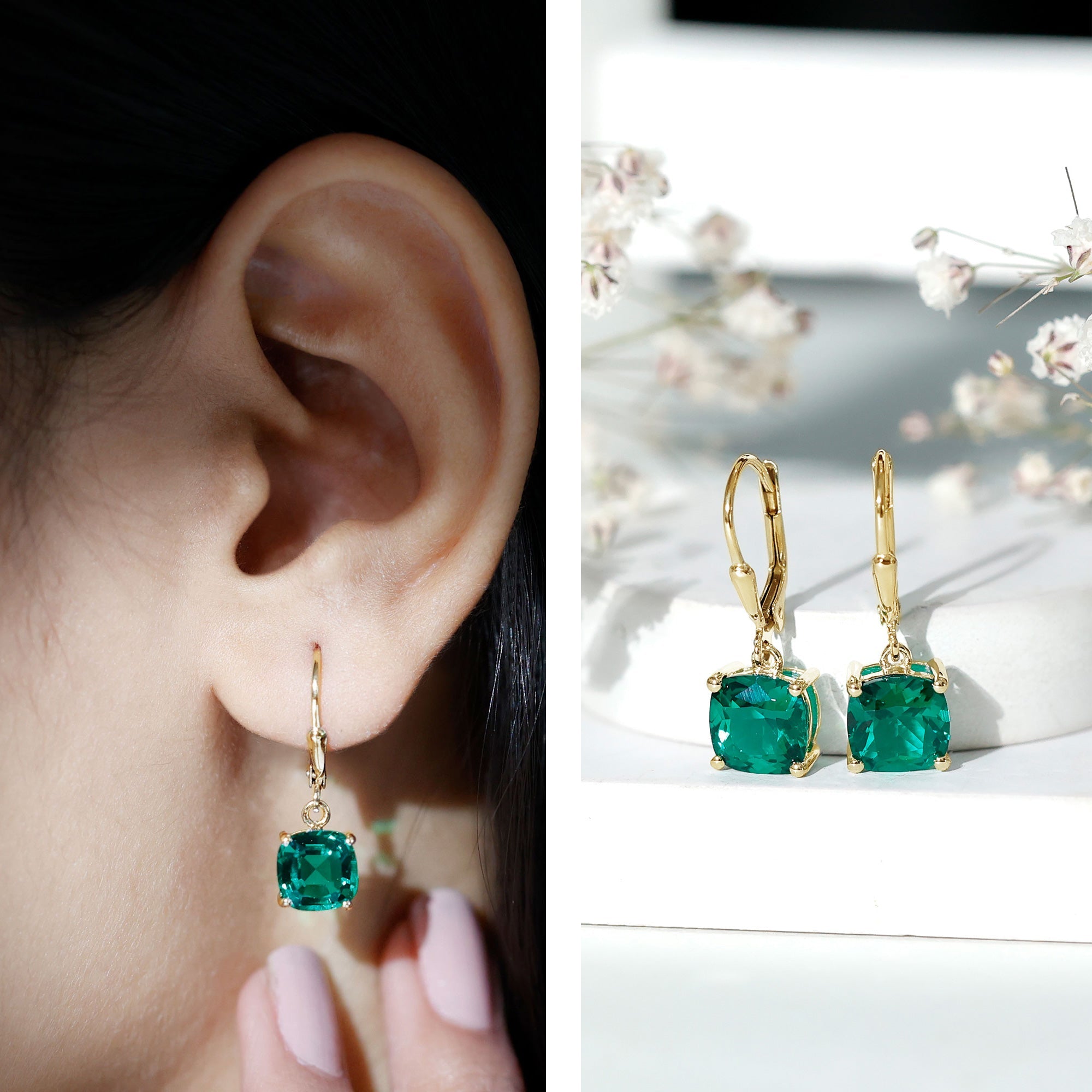 Lab Created Emerald Earrings – Cushion Cut Dangle Hoops With 4 Prong Setting