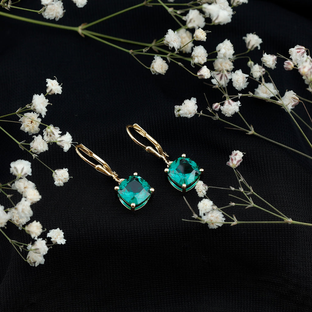 Lab Created Emerald Earrings – Cushion Cut Dangle Hoops With 4 Prong Setting