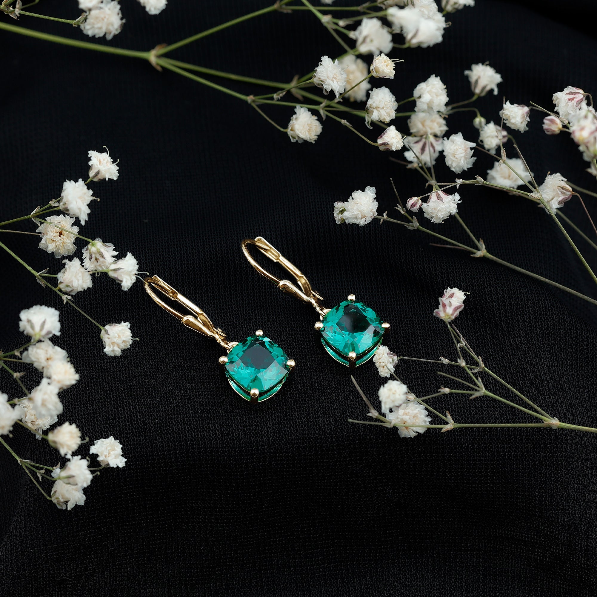Lab Created Emerald Earrings – Cushion Cut Dangle Hoops With 4 Prong Setting
