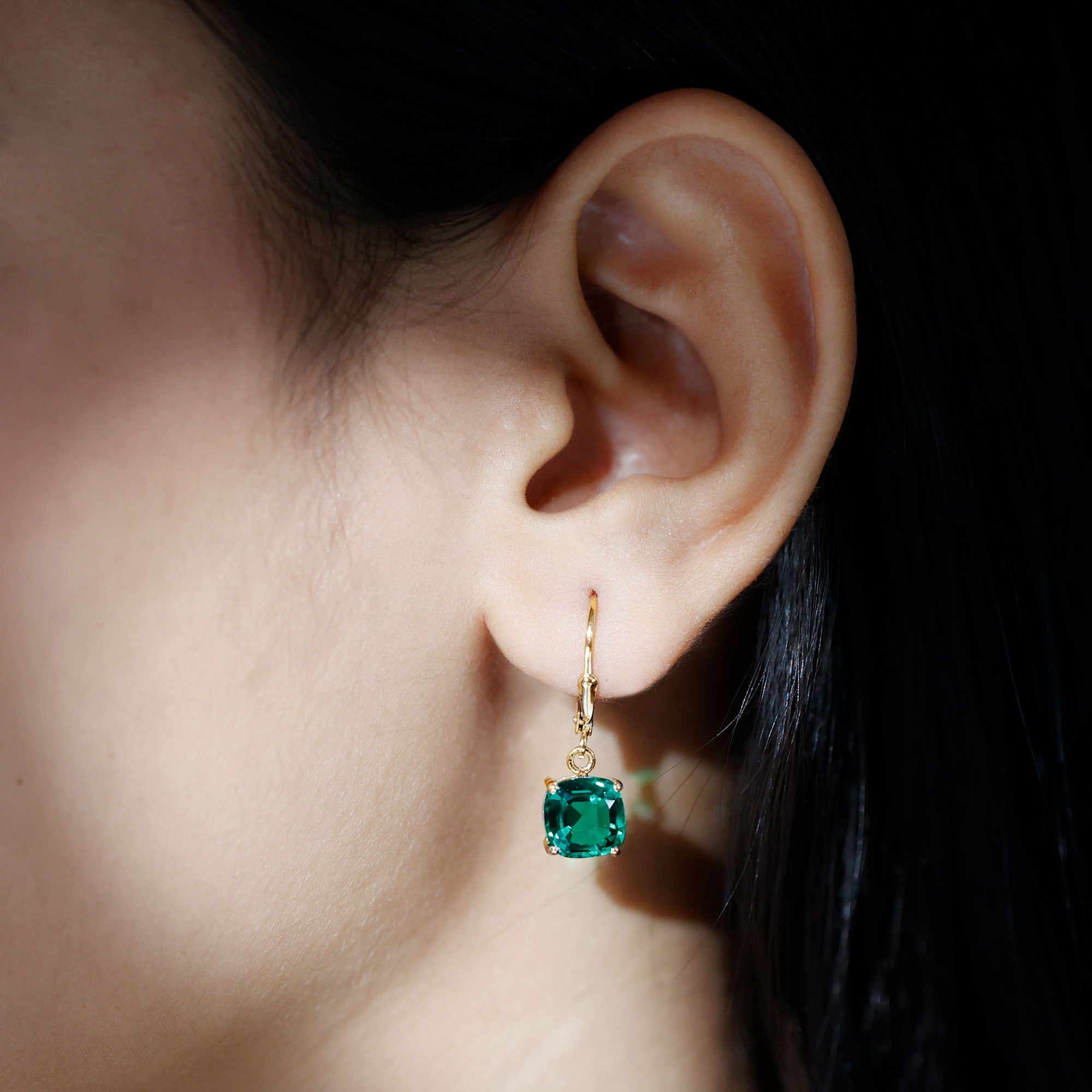 Lab Created Emerald Earrings – Cushion Cut Dangle Hoops With 4 Prong Setting