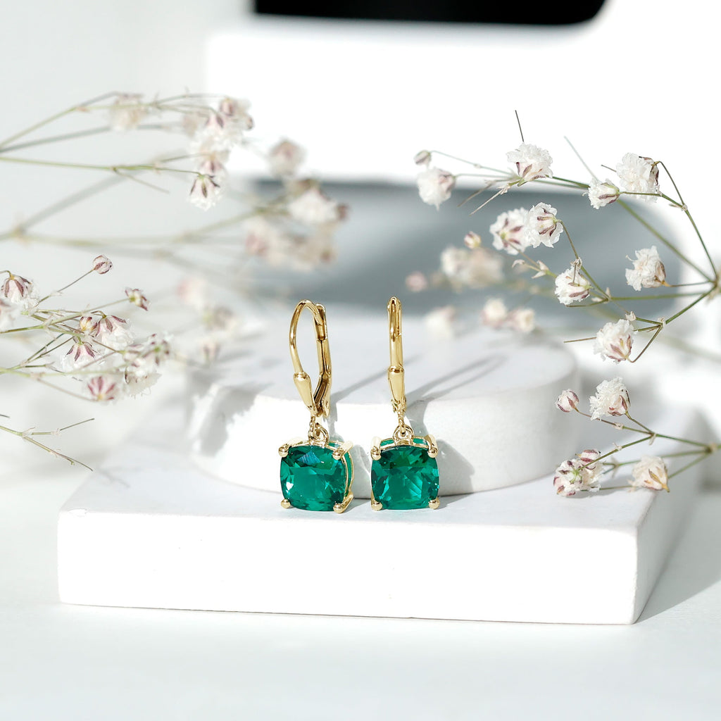 Lab Created Emerald Earrings – Cushion Cut Dangle Hoops With 4 Prong Setting