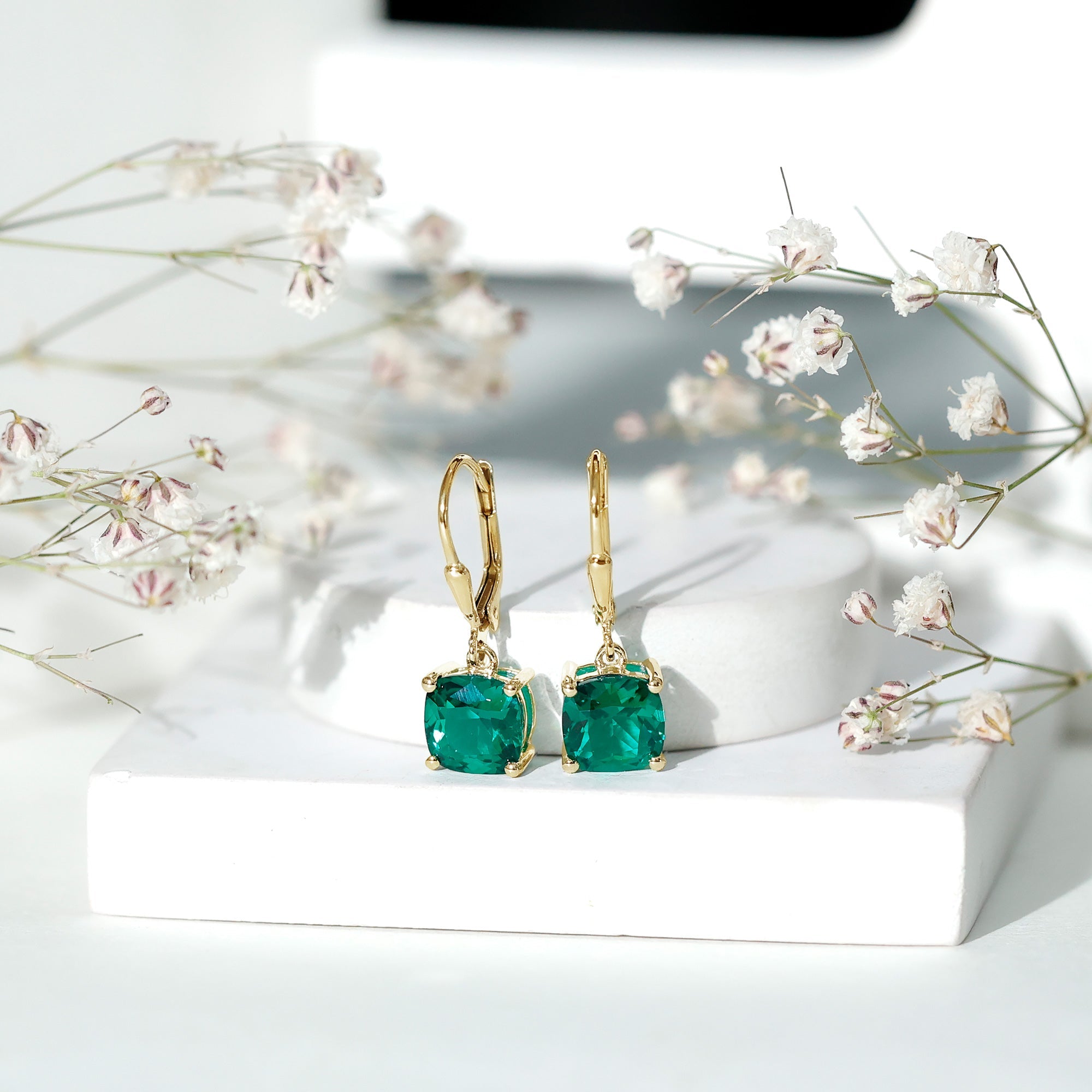 Lab Created Emerald Earrings – Cushion Cut Dangle Hoops With 4 Prong Setting
