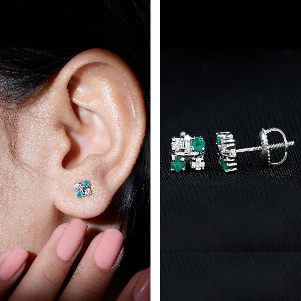 Emerald Cluster Earrings – Real Emerald Studs with Lab Diamond Screw Back Studs