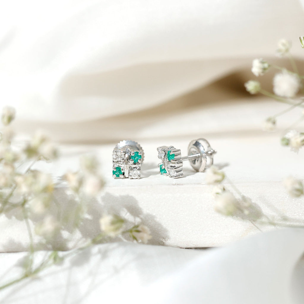 Emerald Cluster Earrings – Real Emerald Studs with Lab Diamond Screw Back Studs