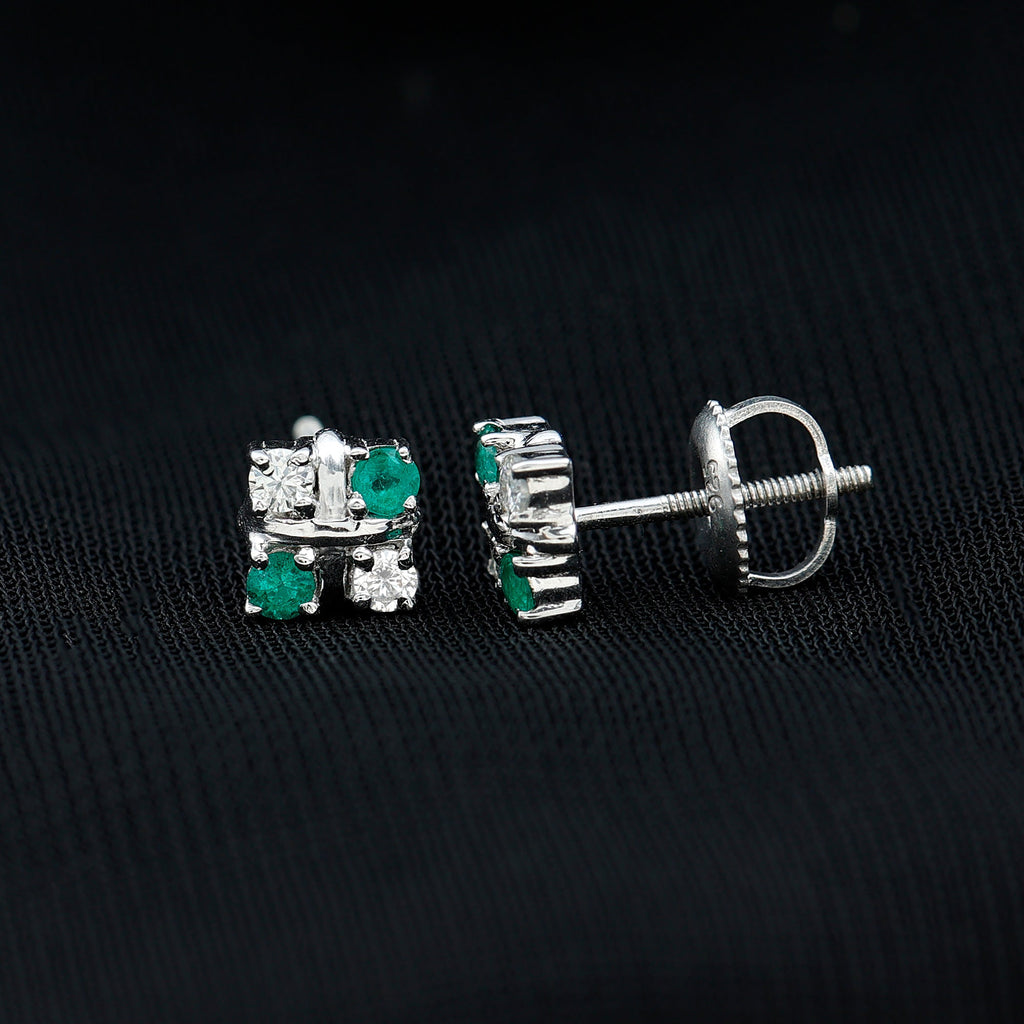 Emerald Cluster Earrings – Real Emerald Studs with Lab Diamond Screw Back Studs