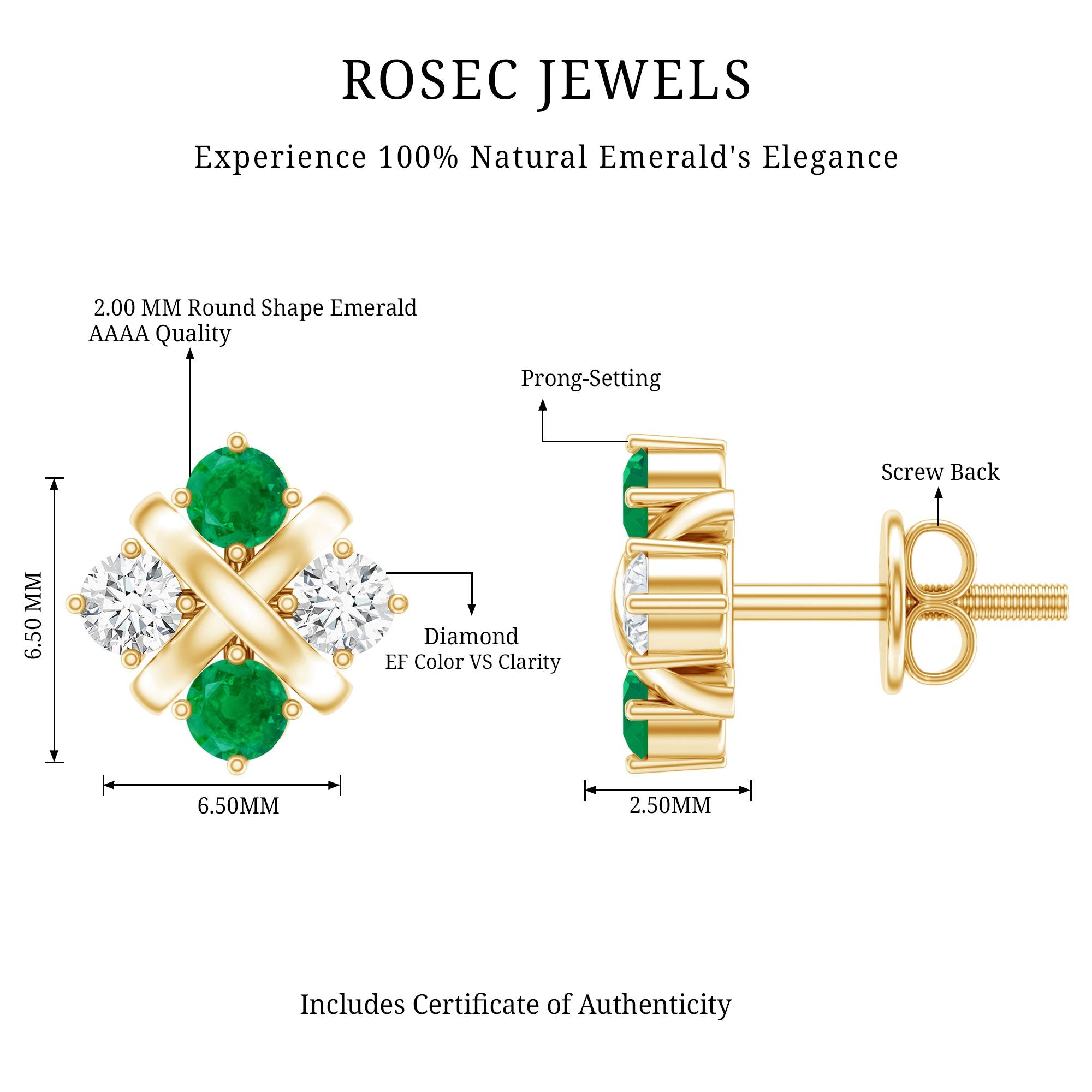 Emerald Cluster Earrings – Real Emerald Studs with Lab Diamond Screw Back Studs