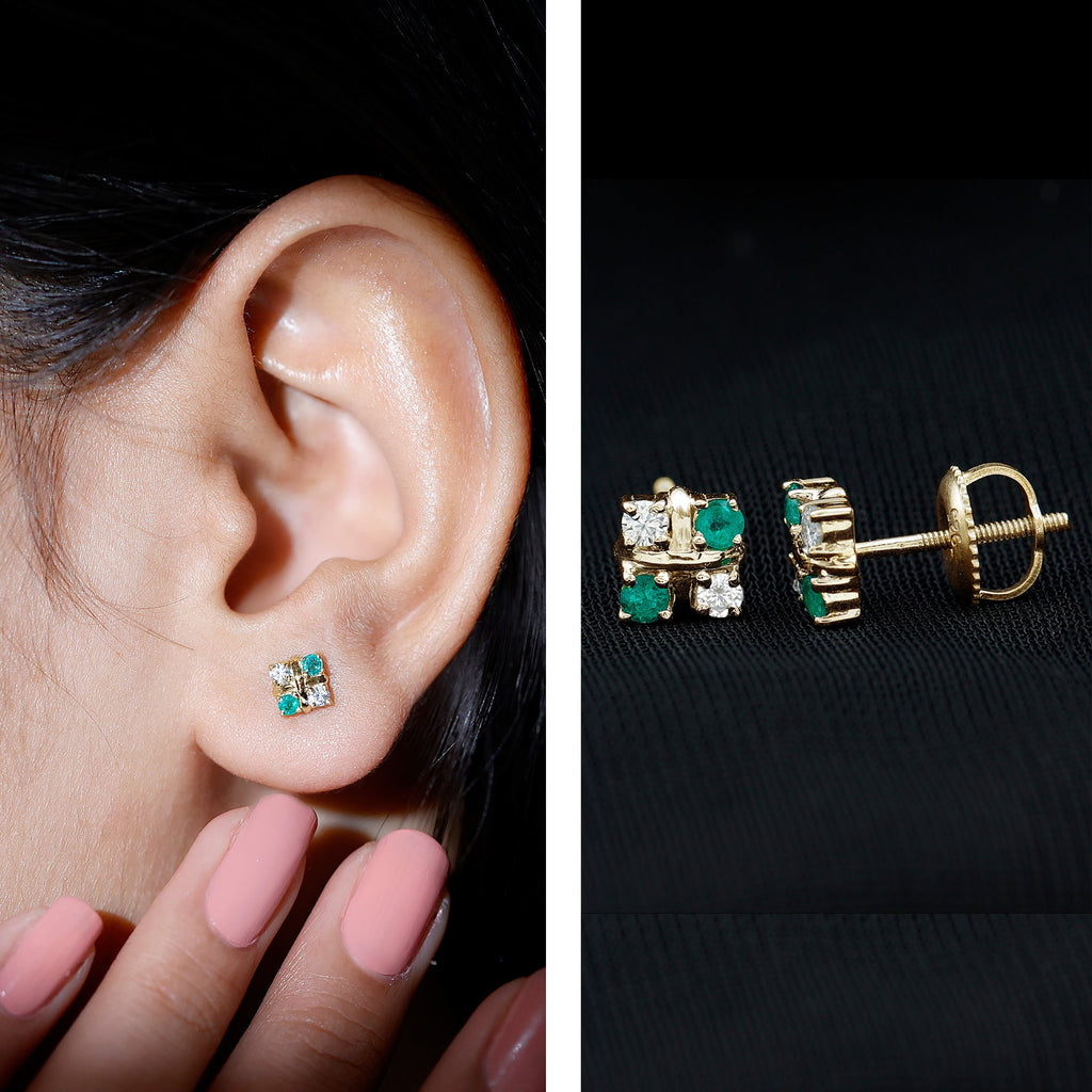 Emerald Cluster Earrings – Real Emerald Studs with Lab Diamond Screw Back Studs